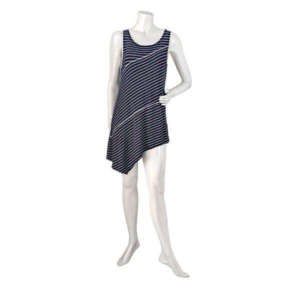 Cable & Gauge Striped Asymmetrical Tunic Stretch Sleeveless Blouse Navy White - Picture 1 of 7